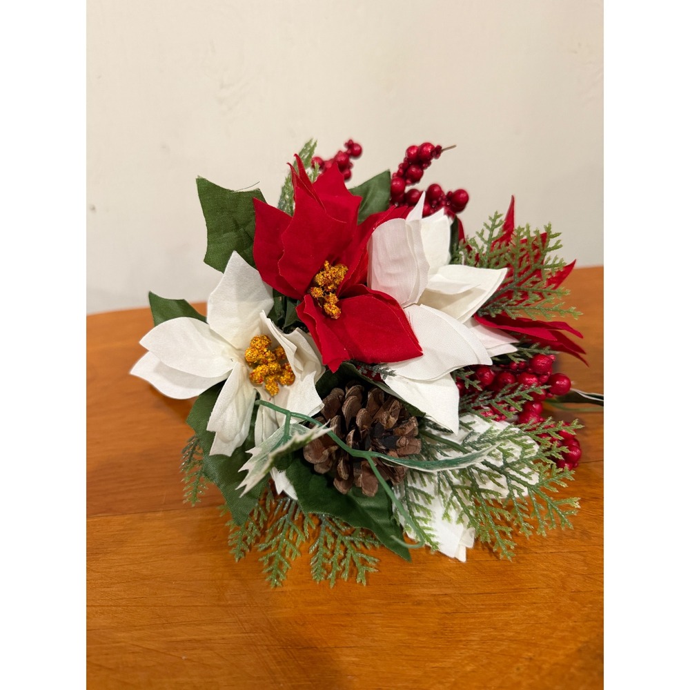 Christmas Poinsettia Floral Pick Red White Berries Pine Cone Holiday Decor 8in